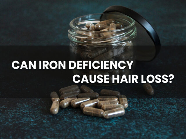 Jar full of iron pills in the background with a text "Can iron deficiency causes hair loss?" front.