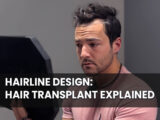 Man before hair transplant with drawn hairline looking to a mirror and text saying Hairline Design: Hair Transplant Explained