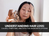 Text saying understading hair loss, woman holding a comb with lots of hair on it