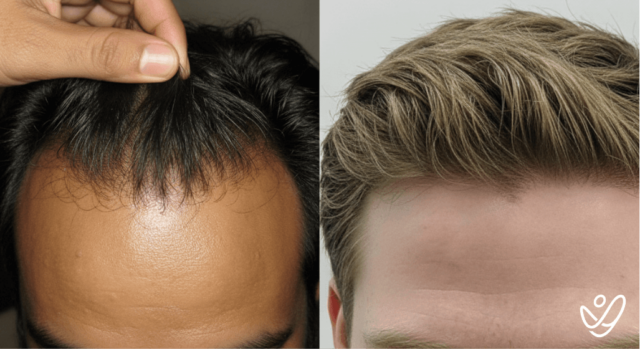 Side-by-side comparison of hair restoration results, showing sparse and unnatural-looking hair plugs on the left versus a modern, high-density, and natural-looking hair transplant on the right.