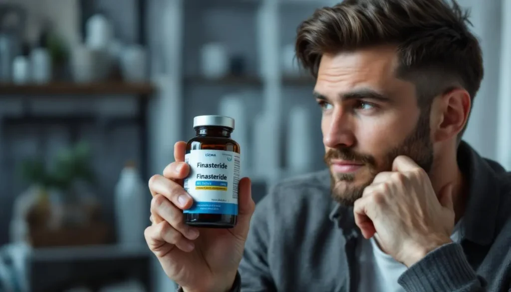 A photograph of a thoughtful individual examining a bottle of finasteride with a backdrop of hair care products