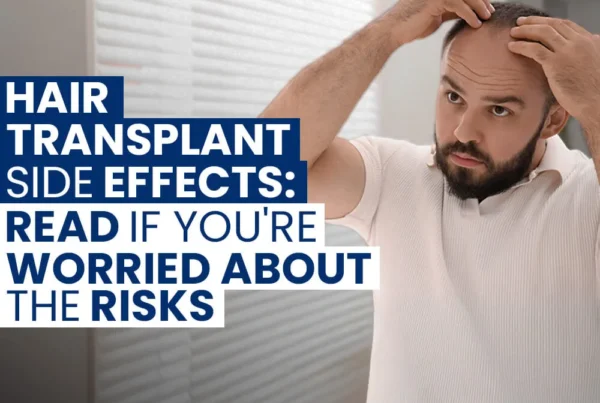 Man inspecting his receding hairline in a mirror with text about hair transplant side effects and risks.