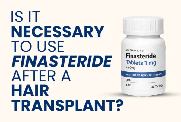 Bottle of Finasteride 1mg tablets with text "Is It Necessary To Use Finasteride After A Hair Transplant?"