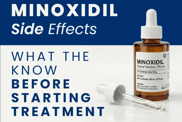 Minoxidil topical solution bottle and dropper with text "Minoxidil Side Effects: What To Know Before Starting Treatment.