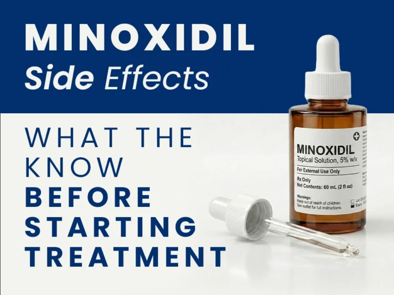 Minoxidil topical solution bottle and dropper with text "Minoxidil Side Effects: What To Know Before Starting Treatment.