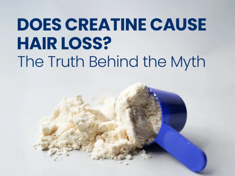 Scoop of white powder supplement with text "Does Creatine Cause Hair Loss? The Truth Behind the Myth."