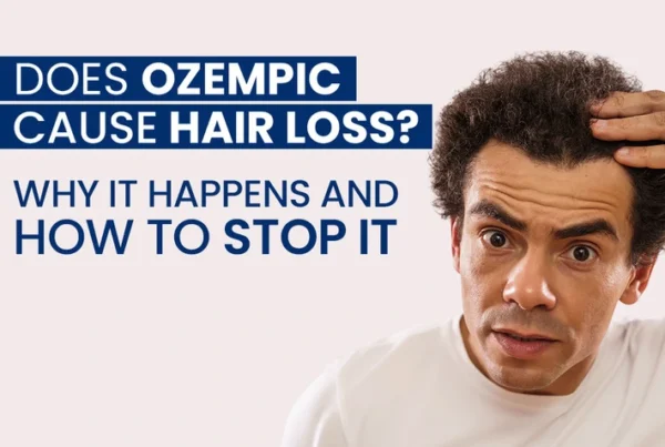Man with curly hair inspecting his hairline next to text asking if Ozempic causes hair loss, why it happens, and how to stop it.