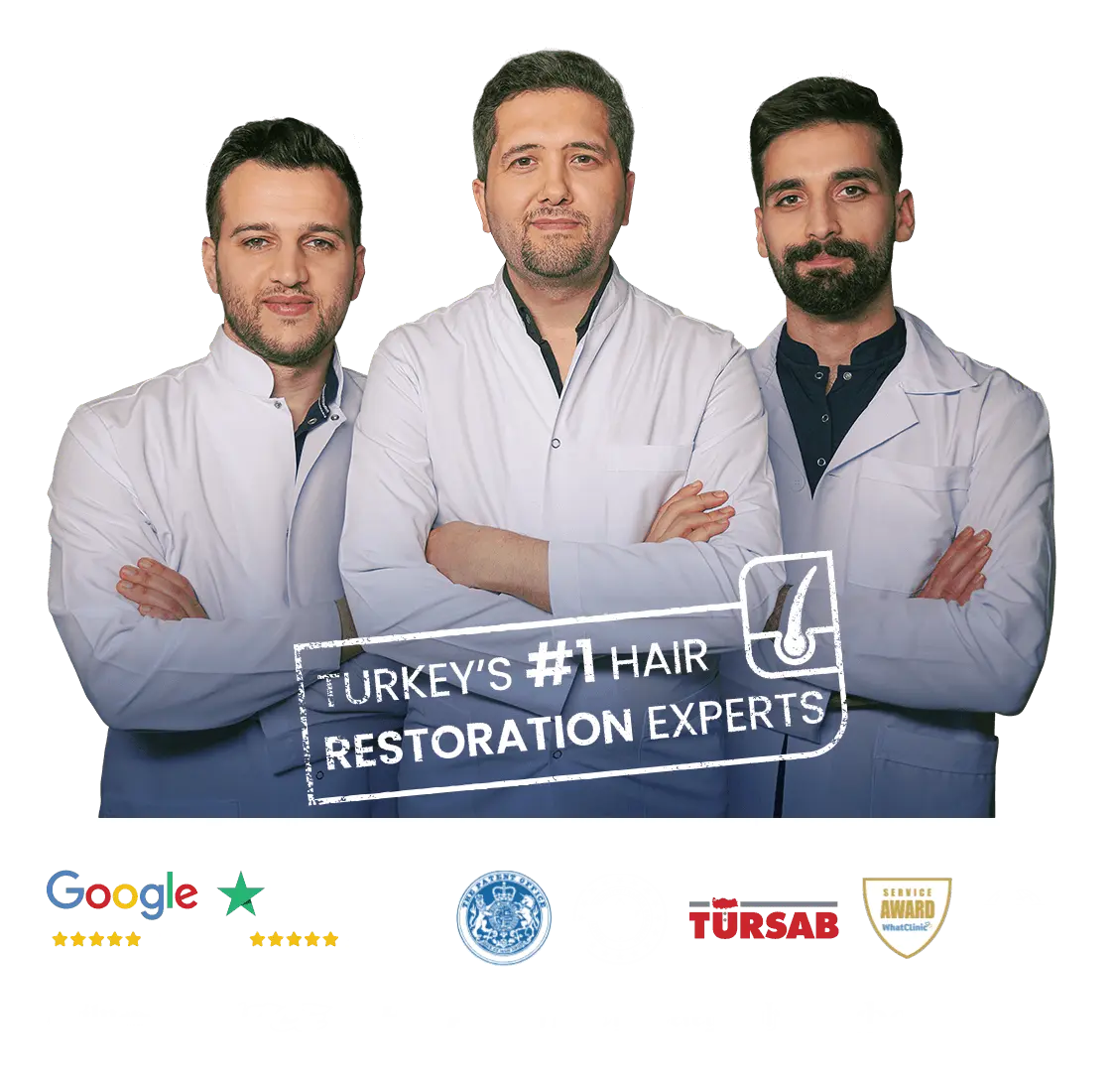 Estenove Banner - Three medical professionals standing with arms crossed above text Turkey's number one hair restoration experts.