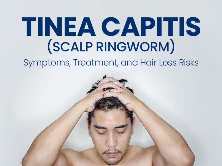 Man holding his head with text "Tinea Capitis (Scalp Ringworm): Symptoms, Treatment, and Hair Loss Risks."